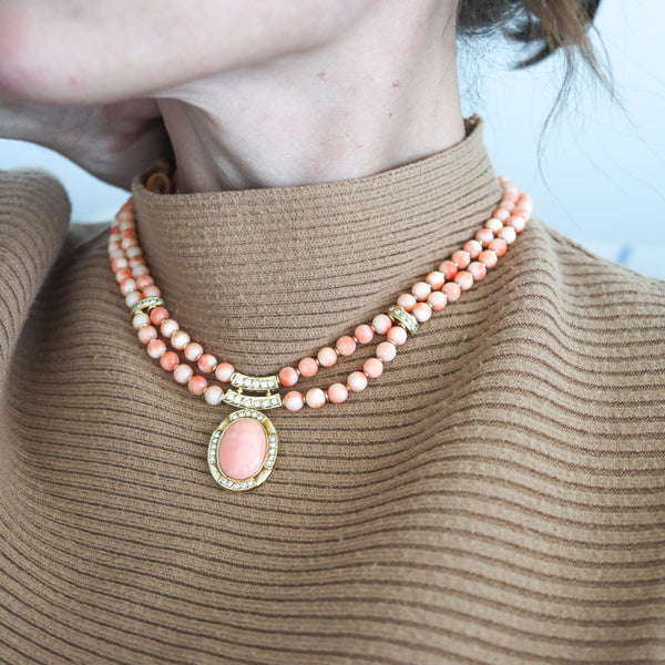 ITALIAN 1970 Modernist Necklace In 18Kt Yellow Gold With Diamonds And Corals
