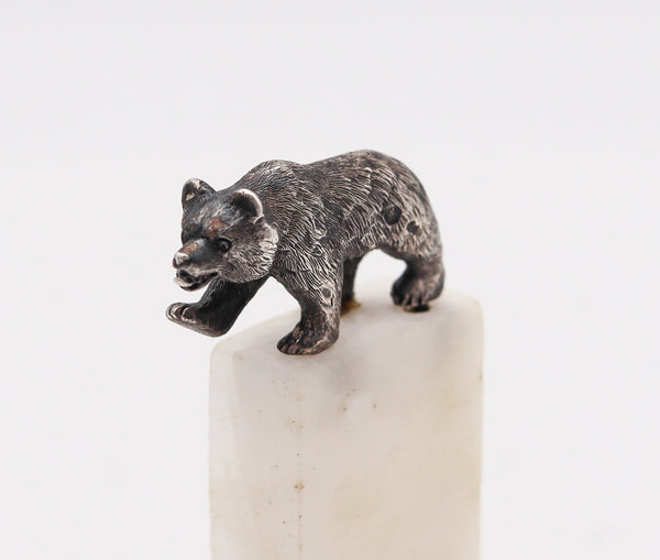 -Georg Adam Scheid 1910 Austria Desk Seal With Bear In .900 Sterling Silver And Marble