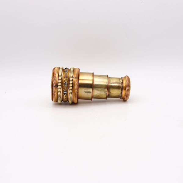 French 1880 Antique 3 Draws Monocular Telescope In Gold Gilt Bronze And silver