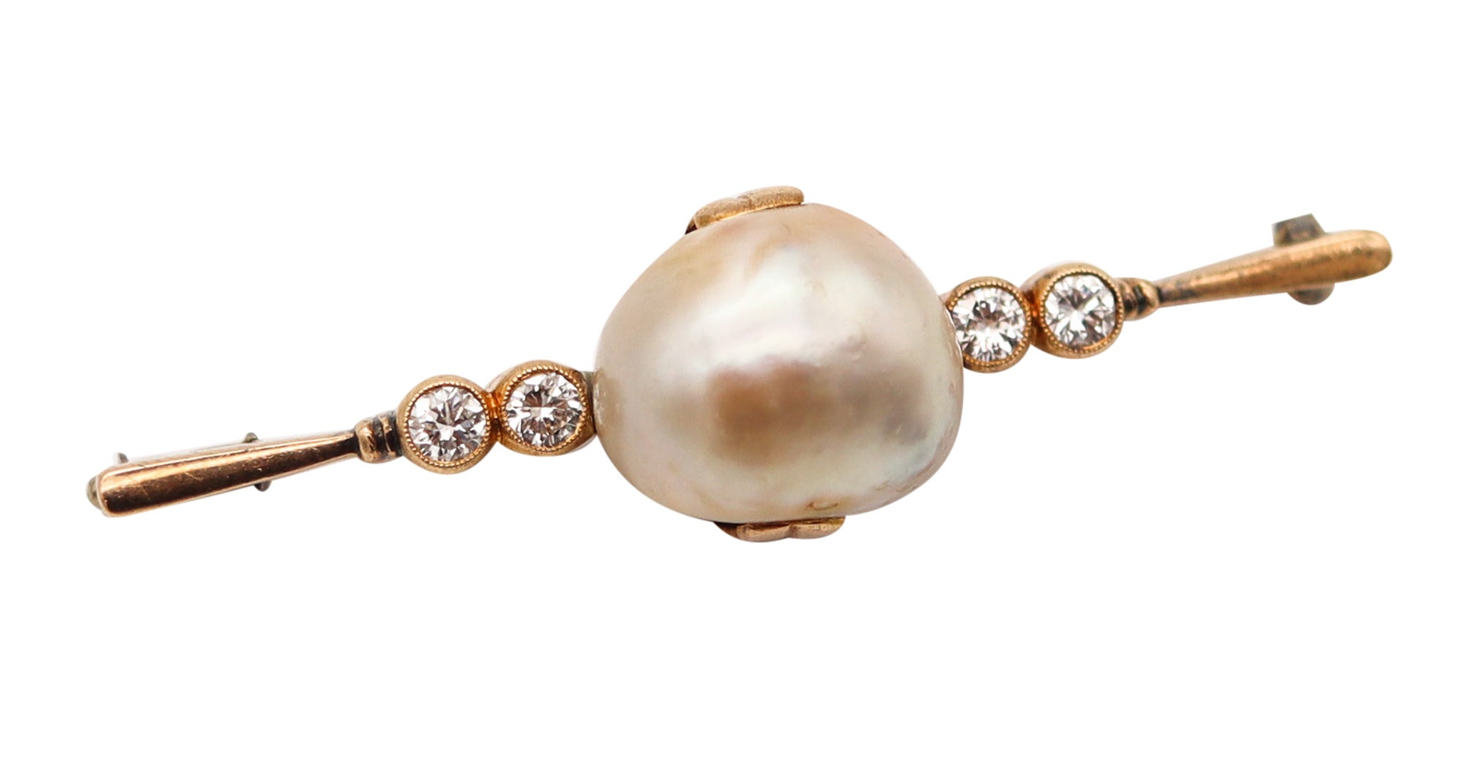 VICTORIAN 1890 GIA Bar Brooch In 14Kt Gold With 15.78 mm Natural Pearl & Diamonds