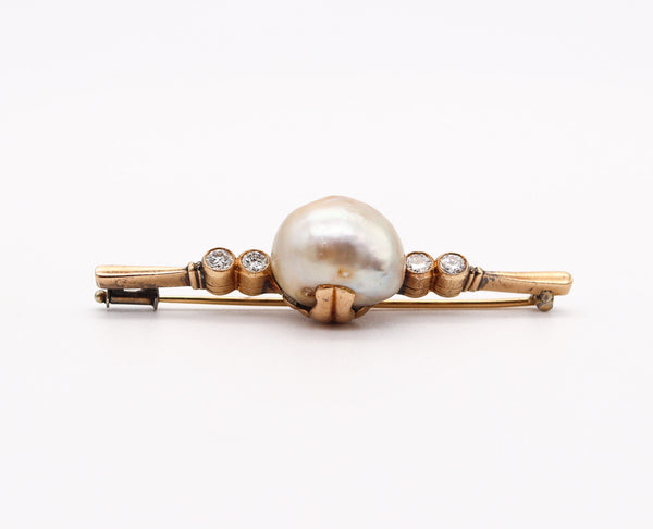 VICTORIAN 1890 GIA Bar Brooch In 14Kt Gold With 15.78 mm Natural Pearl & Diamonds