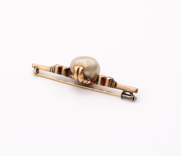 VICTORIAN 1890 GIA Bar Brooch In 14Kt Gold With 15.78 mm Natural Pearl & Diamonds