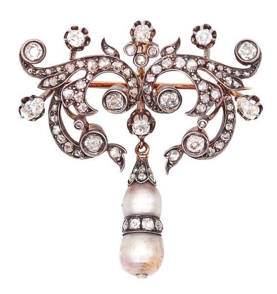 VICTORIAN 1850 GIA Bar Brooch In 15Kt Gold With Natural Pearls & Diamonds