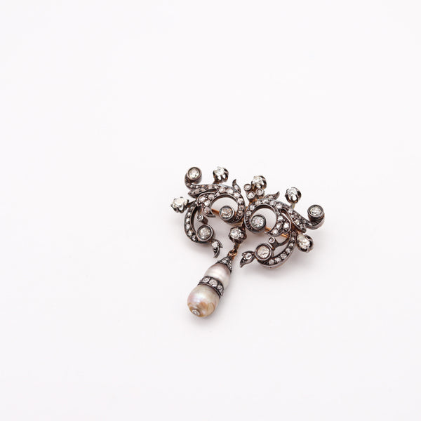 VICTORIAN 1850 GIA Bar Brooch In 15Kt Gold With Natural Pearls & Diamonds