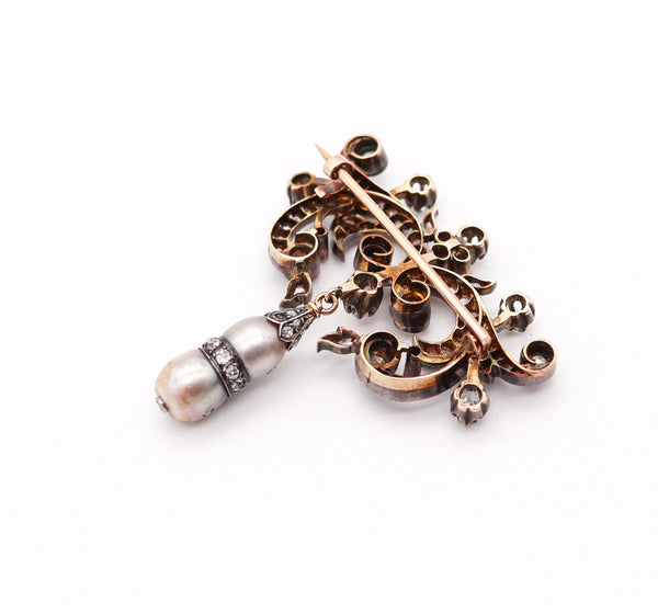 VICTORIAN 1850 GIA Bar Brooch In 15Kt Gold With Natural Pearls & Diamonds