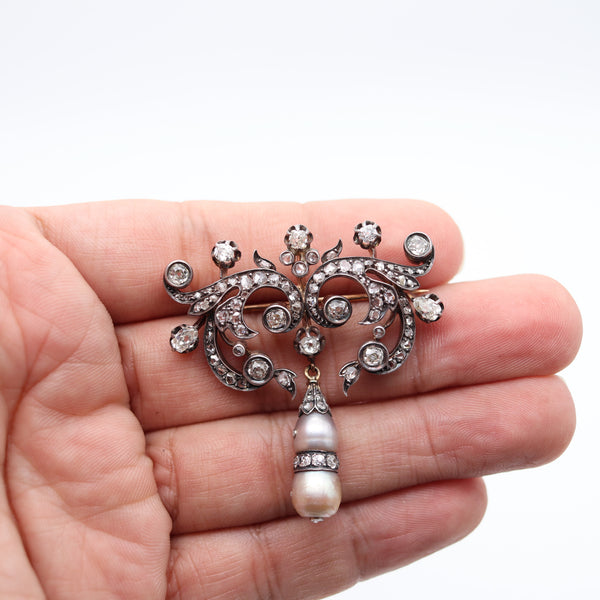 VICTORIAN 1850 GIA Bar Brooch In 15Kt Gold With Natural Pearls & Diamonds