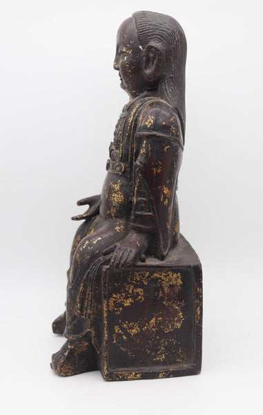QING DYNASTY 1850 Sculptural Enthroned Mazu Quan-Yin In Solid Gilded Bronze