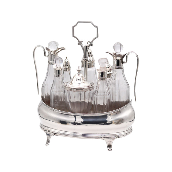 Bateman Silversmiths London 1802 Georgian 9 Pieces Cruet Set In 925 Sterling Silver And Glass