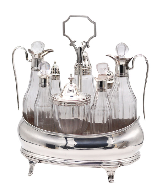 Bateman Silversmiths London 1802 Georgian 9 Pieces Cruet Set In 925 Sterling Silver And Glass