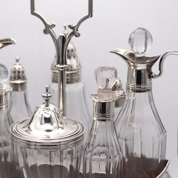 Bateman Silversmiths London 1802 Georgian 9 Pieces Cruet Set In 925 Sterling Silver And Glass