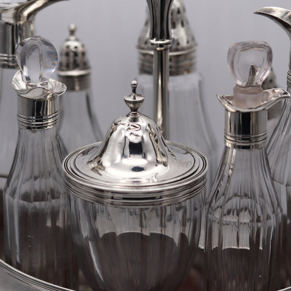 Bateman Silversmiths London 1802 Georgian 9 Pieces Cruet Set In 925 Sterling Silver And Glass