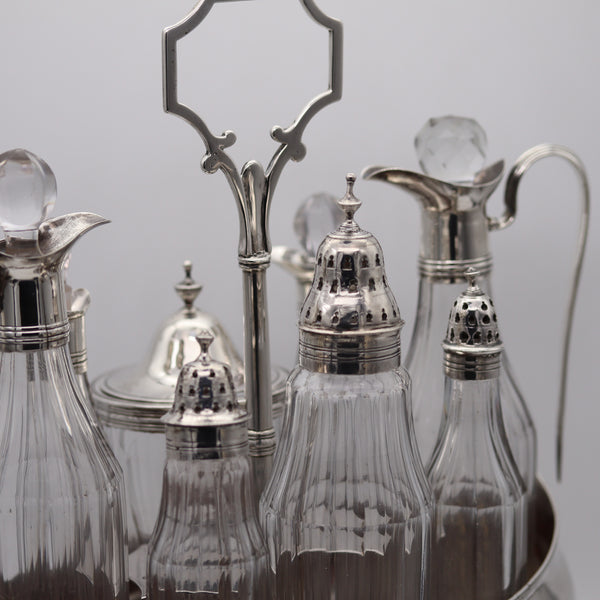 Bateman Silversmiths London 1802 Georgian 9 Pieces Cruet Set In 925 Sterling Silver And Glass