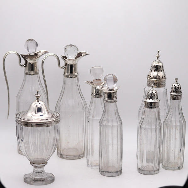 Bateman Silversmiths London 1802 Georgian 9 Pieces Cruet Set In 925 Sterling Silver And Glass