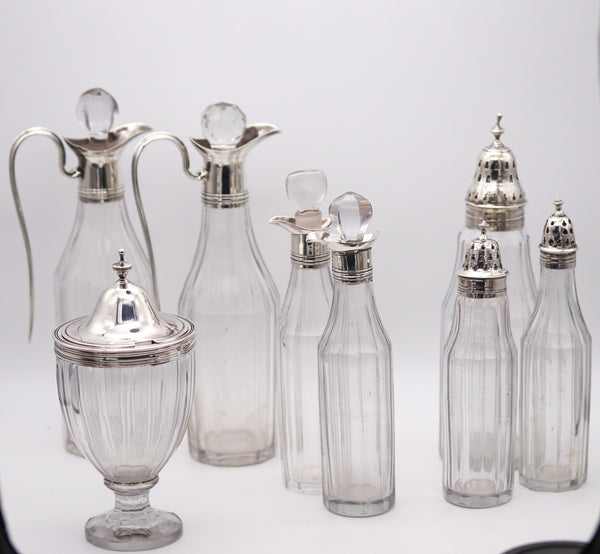 Bateman Silversmiths London 1802 Georgian 9 Pieces Cruet Set In 925 Sterling Silver And Glass