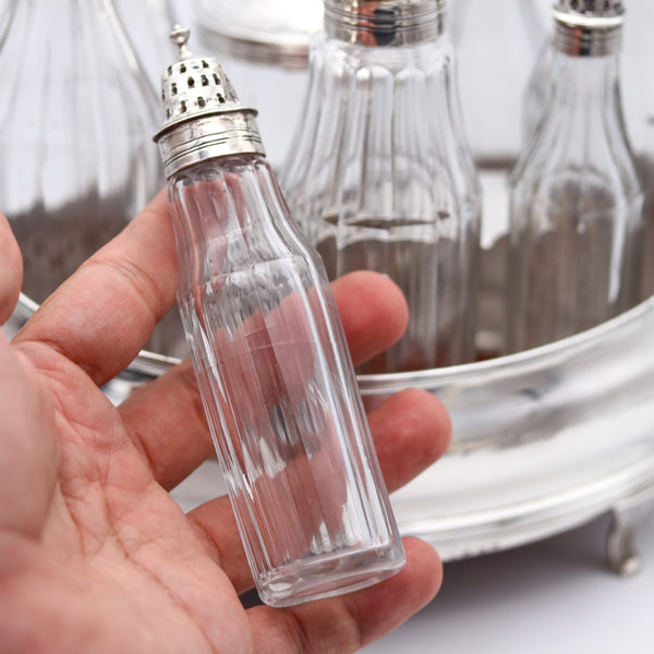 Bateman Silversmiths London 1802 Georgian 9 Pieces Cruet Set In 925 Sterling Silver And Glass