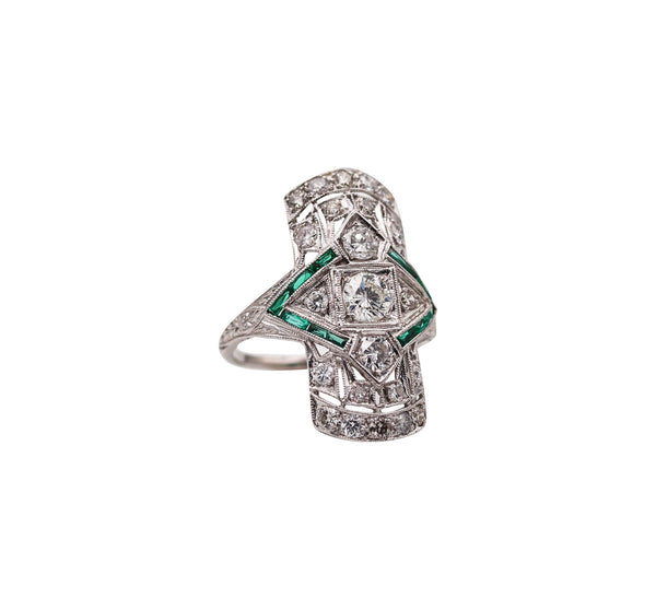 -Art Deco 1930 Cocktail Ring In Platinum With 1.55 Ctw In Diamonds And Emerald