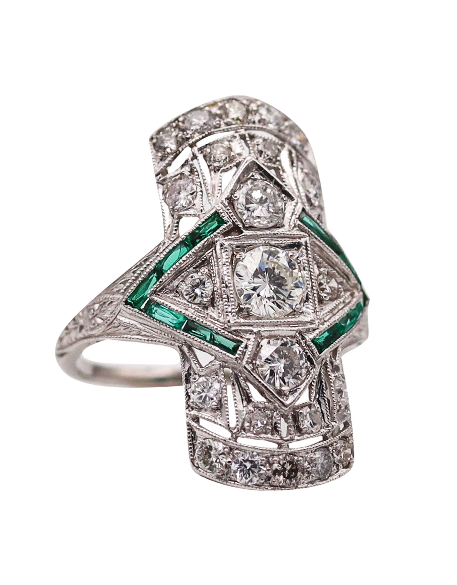 -Art Deco 1930 Cocktail Ring In Platinum With 1.55 Ctw In Diamonds And Emerald