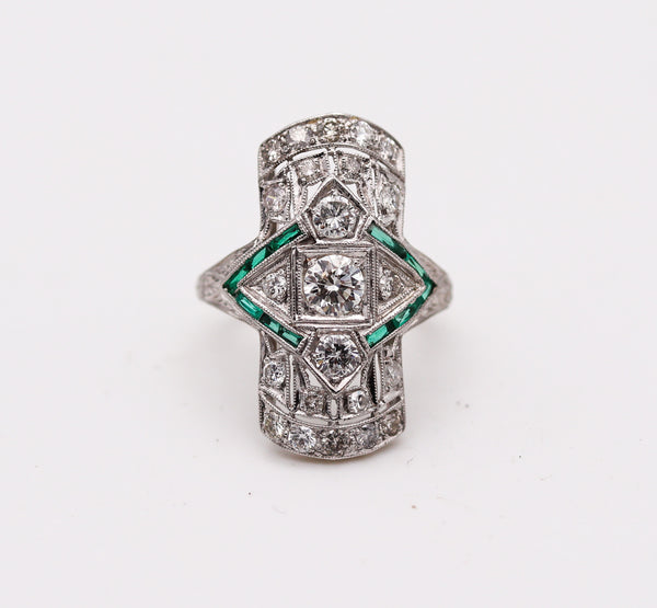 -Art Deco 1930 Cocktail Ring In Platinum With 1.55 Ctw In Diamonds And Emerald