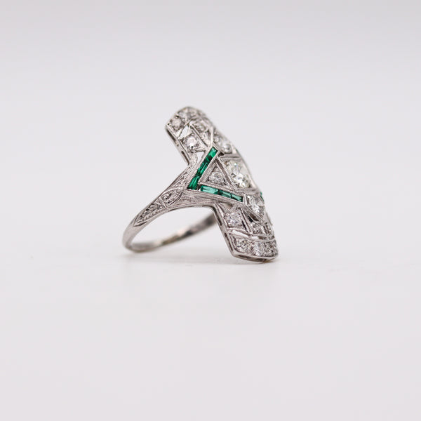 -Art Deco 1930 Cocktail Ring In Platinum With 1.55 Ctw In Diamonds And Emerald