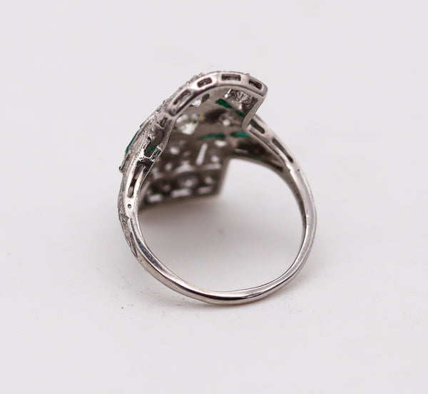 -Art Deco 1930 Cocktail Ring In Platinum With 1.55 Ctw In Diamonds And Emerald