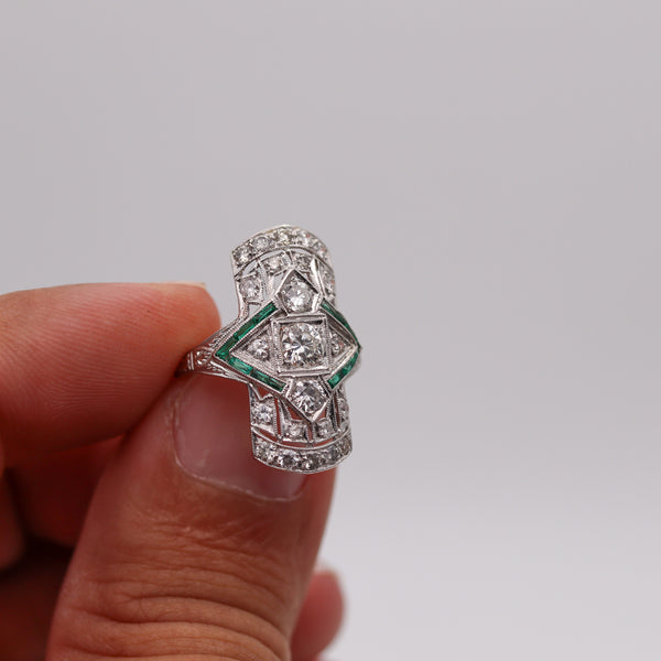 -Art Deco 1930 Cocktail Ring In Platinum With 1.55 Ctw In Diamonds And Emerald