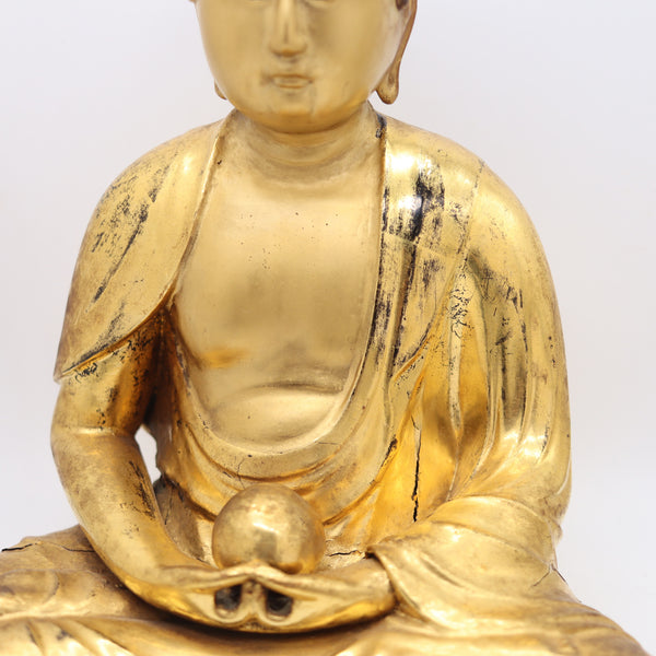 JAPAN Edo Period 1825 Seated Buddha Sculpture In Solid Gilded Carved Wood