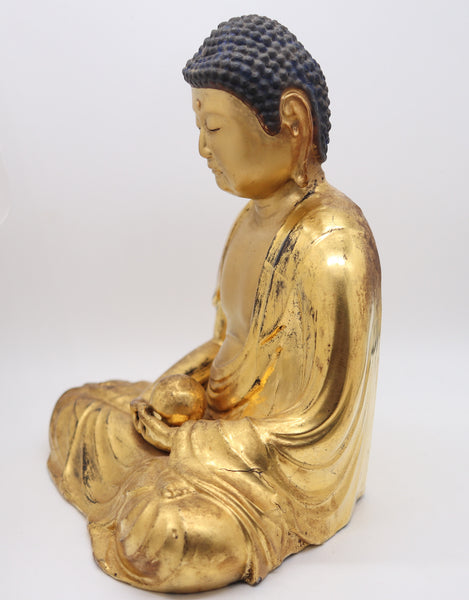 JAPAN Edo Period 1825 Seated Buddha Sculpture In Solid Gilded Carved Wood