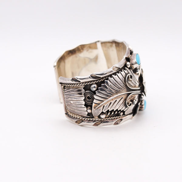 -Mexico 1950 Taxco Statement Cuff Bracelet In Solid .925 Sterling Silver With Turquoise