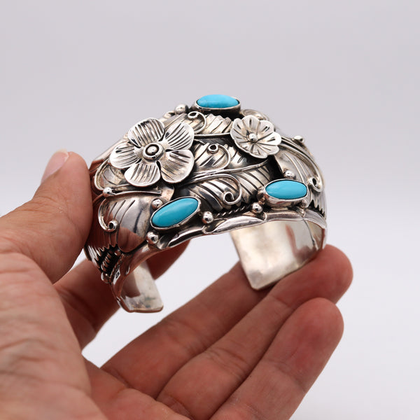 -Mexico 1950 Taxco Statement Cuff Bracelet In Solid .925 Sterling Silver With Turquoise