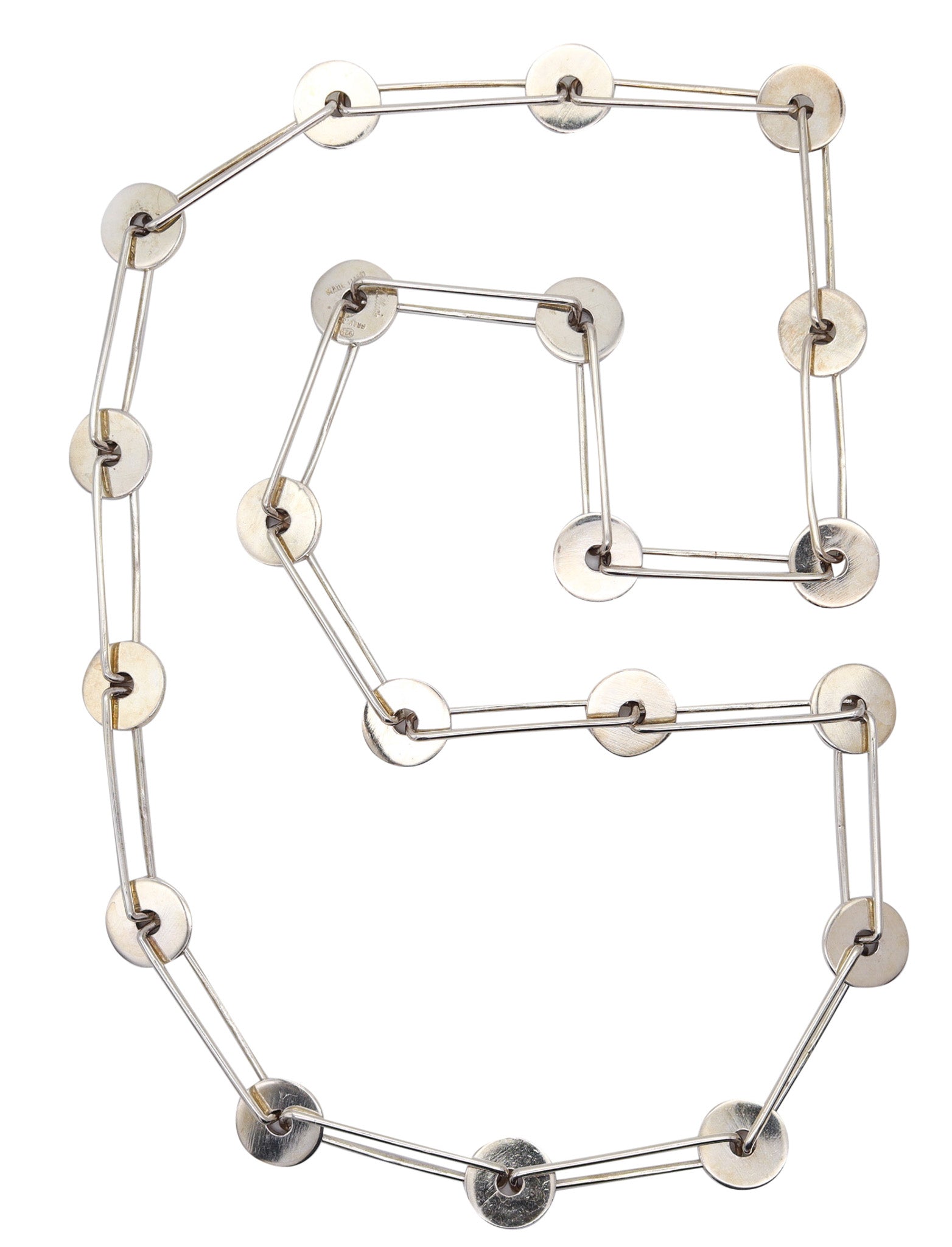 ANTONIO FALLACI 1970 Italy Geometric Modernist Long Sautoir In .925 Sterling Silver