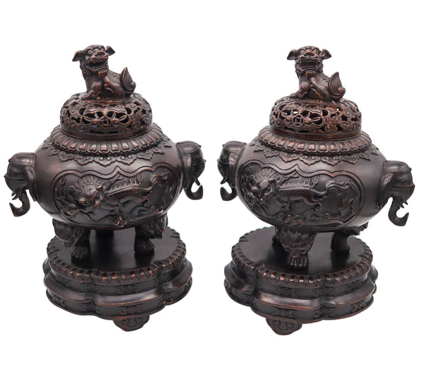 QING DYNASTY 1800 Early 19th Century Pair of Bronze Censers With Lids & Pedestals