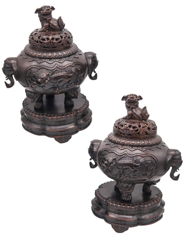 QING DYNASTY 1800 Early 19th Century Pair of Bronze Censers With Lids & Pedestals
