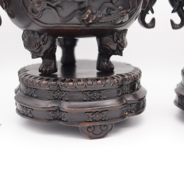 QING DYNASTY 1800 Early 19th Century Pair of Bronze Censers With Lids & Pedestals