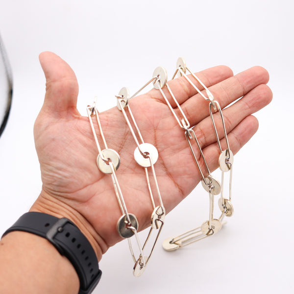 ANTONIO FALLACI 1970 Italy Geometric Modernist Long Sautoir In .925 Sterling Silver