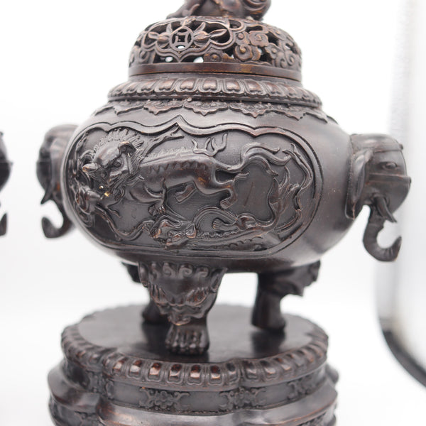 QING DYNASTY 1800 Early 19th Century Pair of Bronze Censers With Lids & Pedestals