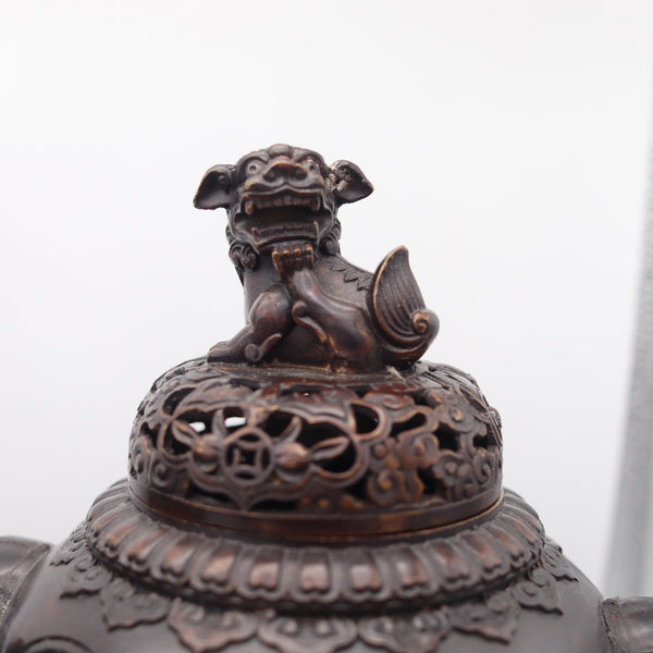 QING DYNASTY 1800 Early 19th Century Pair of Bronze Censers With Lids & Pedestals