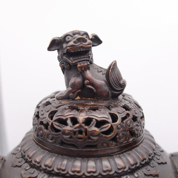 QING DYNASTY 1800 Early 19th Century Pair of Bronze Censers With Lids & Pedestals