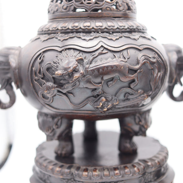 QING DYNASTY 1800 Early 19th Century Pair of Bronze Censers With Lids & Pedestals