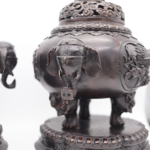 QING DYNASTY 1800 Early 19th Century Pair of Bronze Censers With Lids & Pedestals