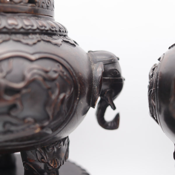 QING DYNASTY 1800 Early 19th Century Pair of Bronze Censers With Lids & Pedestals