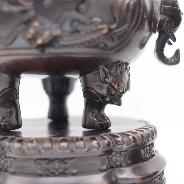 QING DYNASTY 1800 Early 19th Century Pair of Bronze Censers With Lids & Pedestals