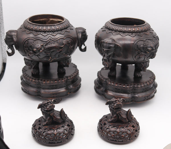 QING DYNASTY 1800 Early 19th Century Pair of Bronze Censers With Lids & Pedestals