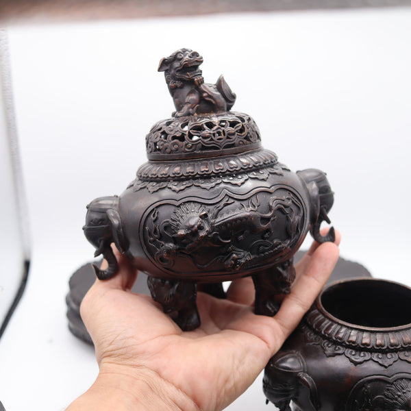 QING DYNASTY 1800 Early 19th Century Pair of Bronze Censers With Lids & Pedestals