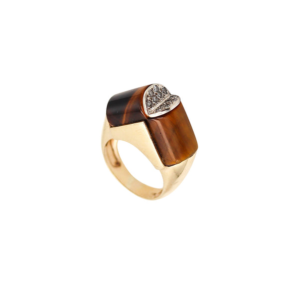 -Modernist 1960 Sculptural Geometric Ring In 14Kt Gold With Diamonds & Tiger Eye