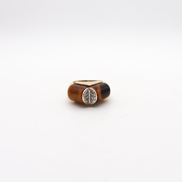 -Modernist 1960 Sculptural Geometric Ring In 14Kt Gold With Diamonds & Tiger Eye