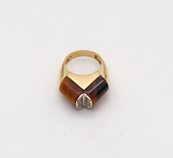 -Modernist 1960 Sculptural Geometric Ring In 14Kt Gold With Diamonds & Tiger Eye