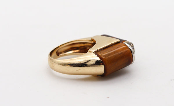 -Modernist 1960 Sculptural Geometric Ring In 14Kt Gold With Diamonds & Tiger Eye