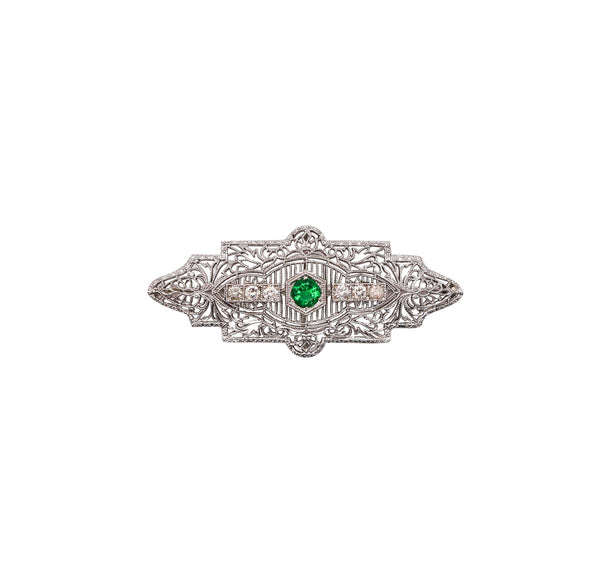 -Kohn Co. 1925 Art Deco Brooch In 14Kt Gold With Diamonds And Green Garnet