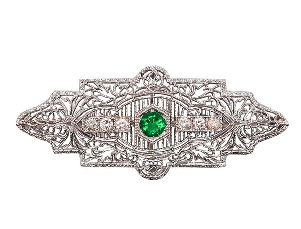 -Kohn Co. 1925 Art Deco Brooch In 14Kt Gold With Diamonds And Green Garnet