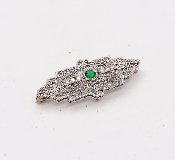 -Kohn Co. 1925 Art Deco Brooch In 14Kt Gold With Diamonds And Green Garnet